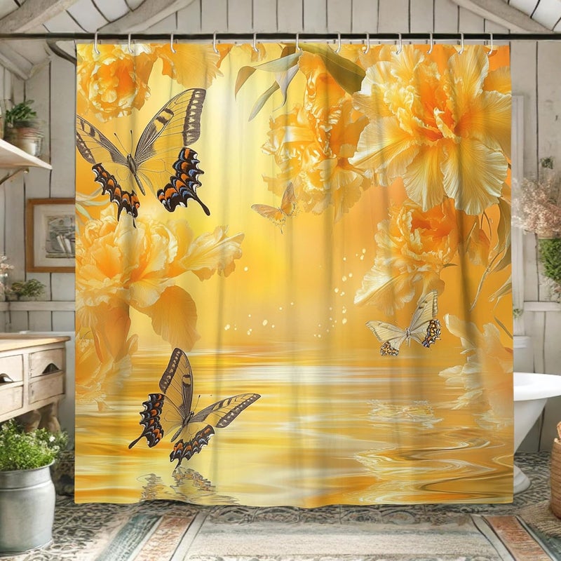 Butterfly Floral Shower Curtain, Yellow Flower Bathroom Decor for Spring Summer, Elegant Waterproof Fabric Bath Curtain Set with Hooks 72x72 Inch - Image 3
