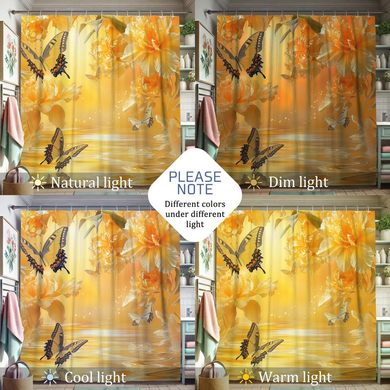 Butterfly Floral Shower Curtain, Yellow Flower Bathroom Decor for Spring Summer, Elegant Waterproof Fabric Bath Curtain Set with Hooks 72x72 Inch - Image 5