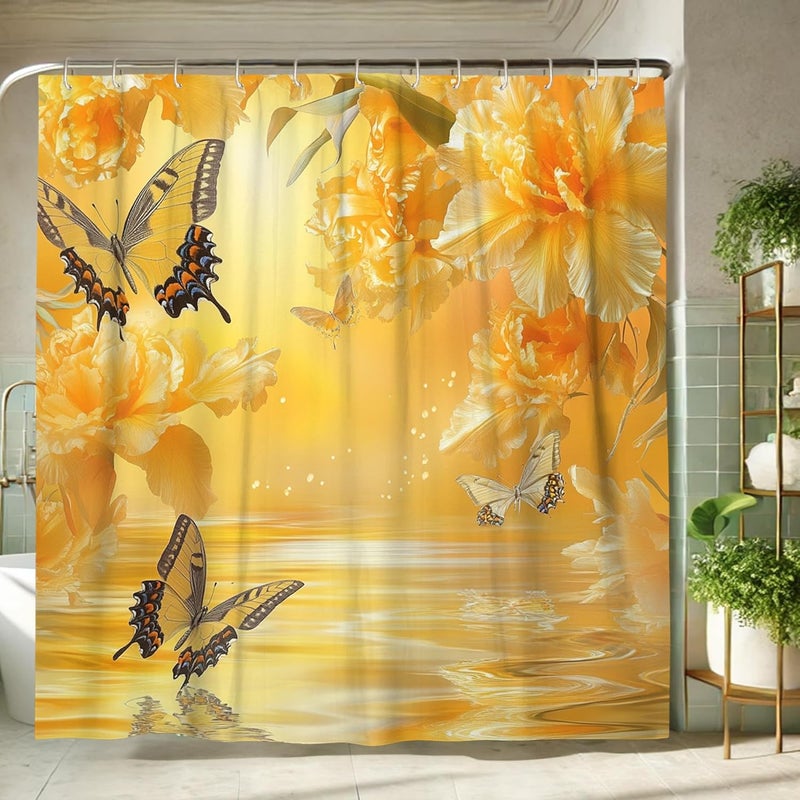 Butterfly Floral Shower Curtain, Yellow Flower Bathroom Decor for Spring Summer, Elegant Waterproof Fabric Bath Curtain Set with Hooks 72x72 Inch - Image 1