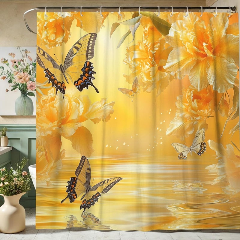 Butterfly Floral Shower Curtain, Yellow Flower Bathroom Decor for Spring Summer, Elegant Waterproof Fabric Bath Curtain Set with Hooks 72x72 Inch - Image 2