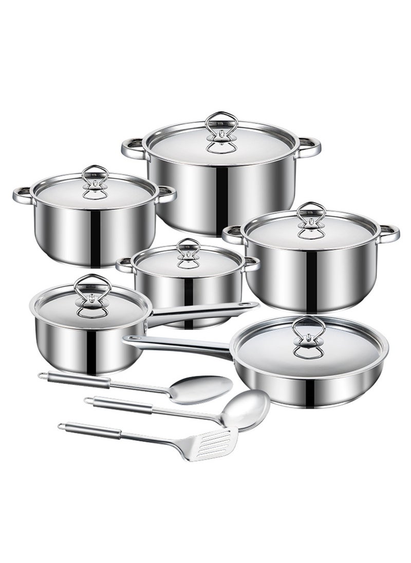 Sharpdo 15-Piece Stainless Steel Cookware Sets with Spoon X1, Large Spoon X1, Frying Spatula X1, Suitable for Various Stoves - Image 1