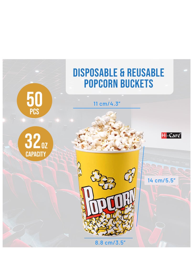 Hi Care - (Pack of 50 Pcs) Pop Corn Cup 32 Onz Disposable Leak-Free Stackable Paper Popcorn Cups Buckets Boxes Containers for Kids Party, Birthday, Movie Theater, Party Supplies - Image 1