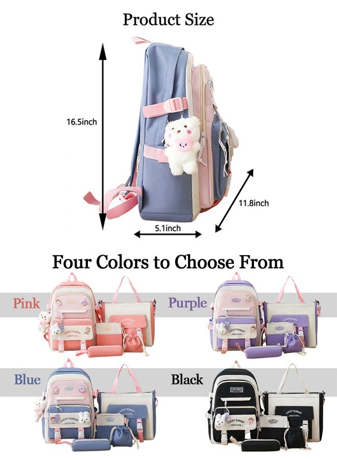 5 Pcs Kids' School Bag,Adult Backpack Set,Student School Bags Backpacks with Pendant Lunch Bag Pencil Case Handbag Coin Purse for Teen Girls School Backpack  - Image 2