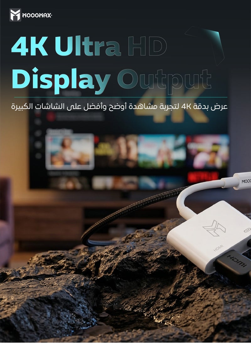 موجماكس وصلة تايب سي الى HDMI. وصلة تايب سي الى اتش دي ام اي تدعم الشحن اثناء التوصيل. وصلة اتش دي تايب سي 4K سهل الاستخدام. محول تايب سي ايفون/ سامسونج/ هواوي/هونر .... والعديد من الأجهزة المدعومة. - Image 3