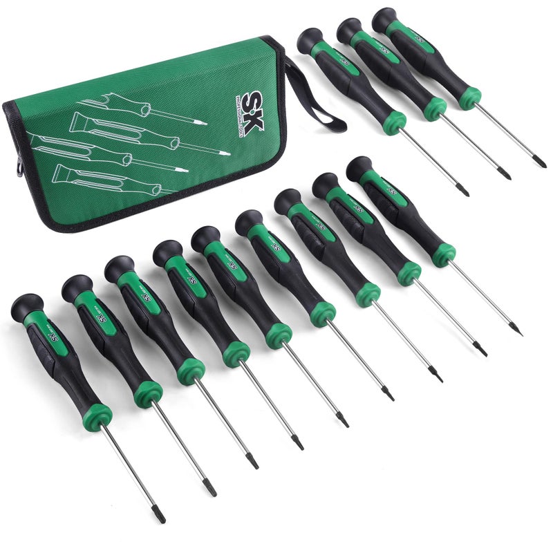 SK 12Piece Mini Screwdriver Set Includes SlottedPhillipStar Screwdrivers Magnetic Tips Premium Alloy Steel SureGrip Handle with Zipper Pouch - Image 2