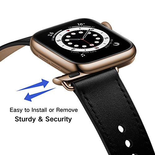 OUHENG Leather Bands Compatible with Apple Watch Band 49mm/46mm/45mm/44mm/42mm, Genuine Leather Strap for iWatch Ultra 3/2/1 & SE 3/2/1 Series 11 10 9 8 7 6 5 4 3 2 1 (Black/Bronze Gold) - Image 2