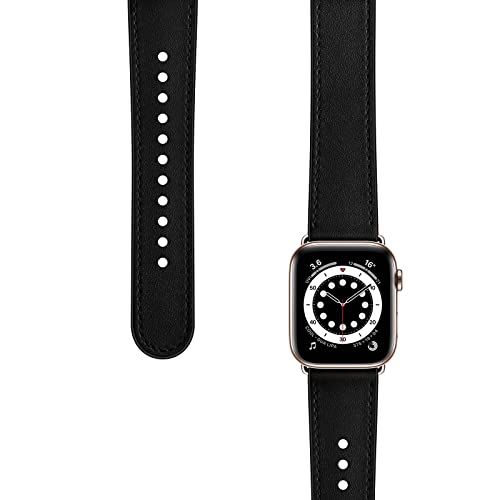 OUHENG Leather Bands Compatible with Apple Watch Band 49mm/46mm/45mm/44mm/42mm, Genuine Leather Strap for iWatch Ultra 3/2/1 & SE 3/2/1 Series 11 10 9 8 7 6 5 4 3 2 1 (Black/Bronze Gold) - Image 3