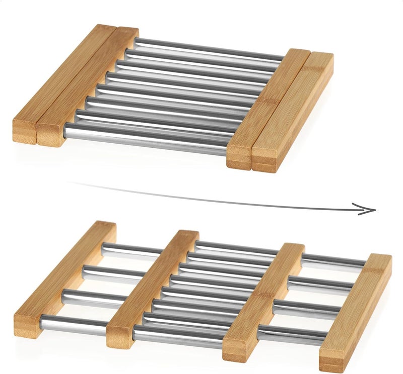 SEVIA Sevia Adjustable Stainless Steel and Bamboo Trivet, Hot Pan Holder, Extendable Trivet for Pots, Pans and Casserole Dish Pot Tray, Hot Vessel Stand for Kitchen Worktop Protector  - Image 3