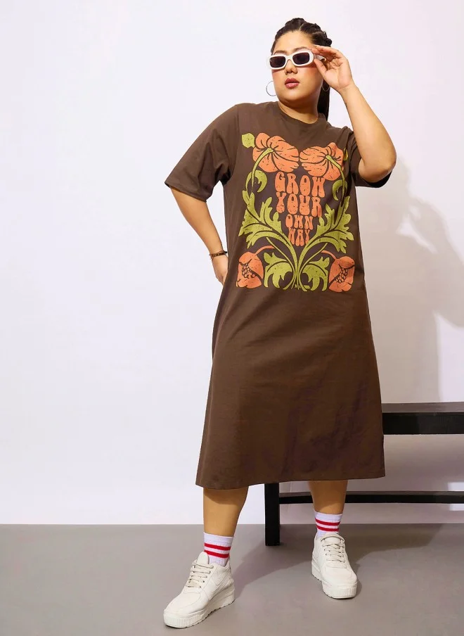 SASSAFRAS Floral Printed Brown Midi Dress for Women