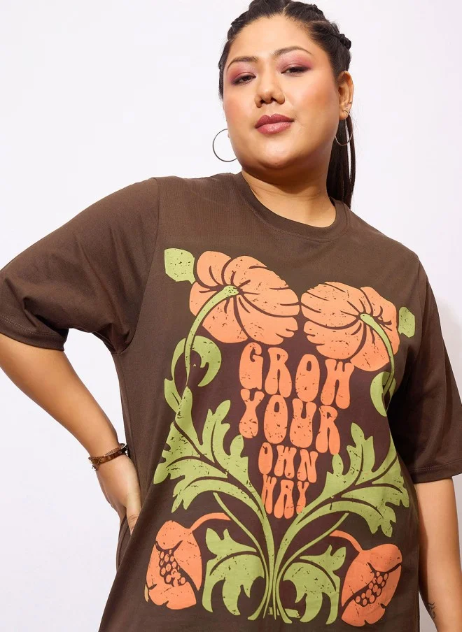 SASSAFRAS Floral Printed Brown Midi Dress for Women