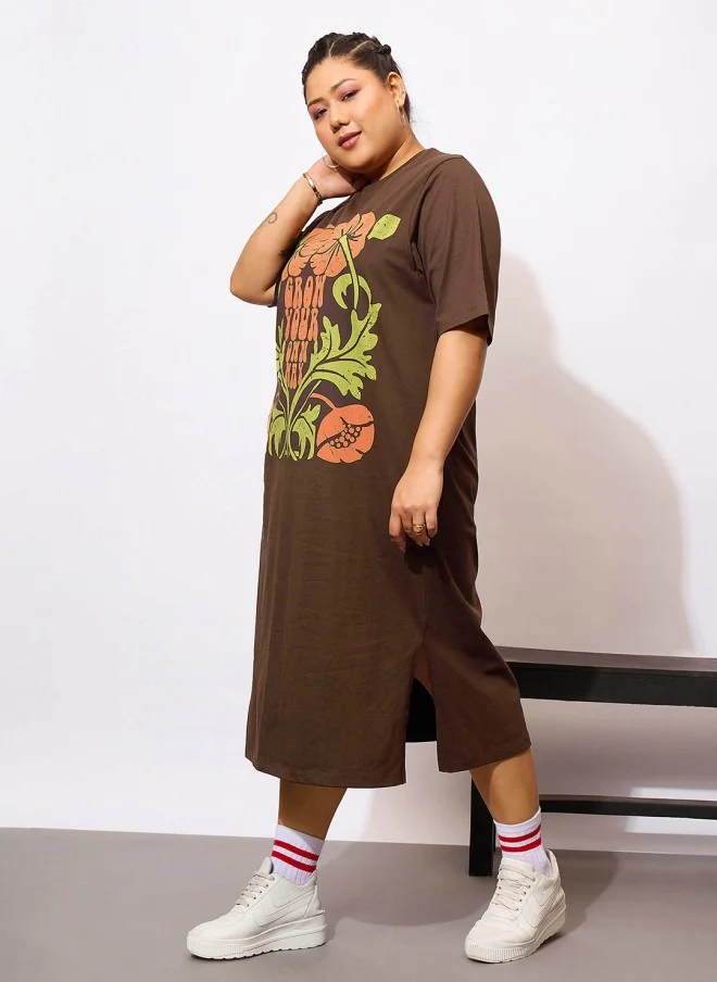 SASSAFRAS Floral Printed Brown Midi Dress for Women