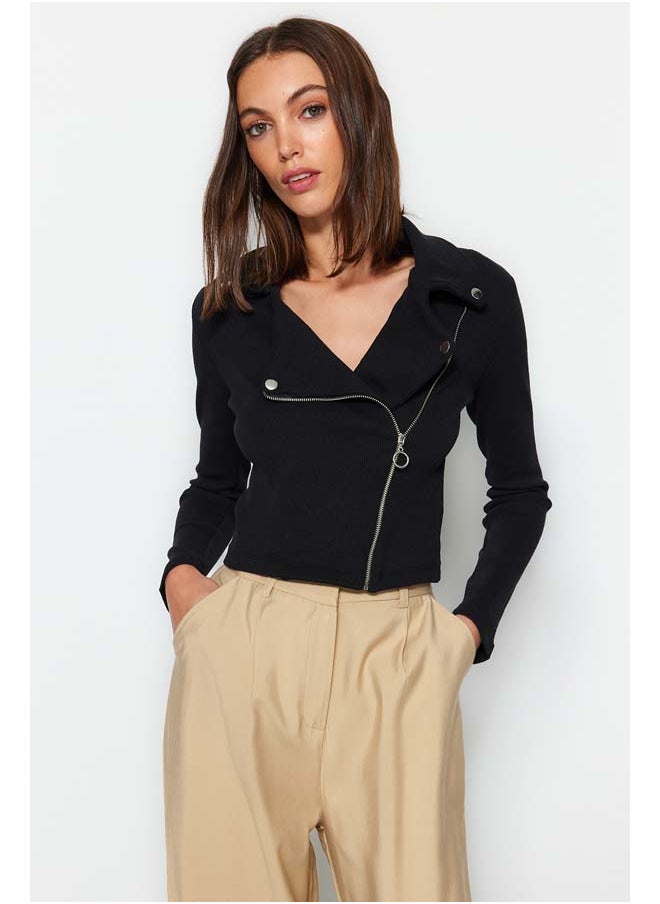 trendyol - Black Ribbed Zipper Detail Fitted/Sleeping Crop Stretch Knit Jacket TWOAW24CE00046 - Image 1