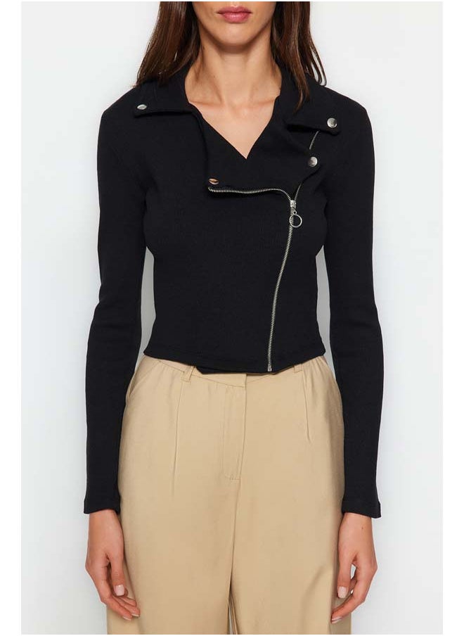 trendyol - Black Ribbed Zipper Detail Fitted/Sleeping Crop Stretch Knit Jacket TWOAW24CE00046 - Image 1