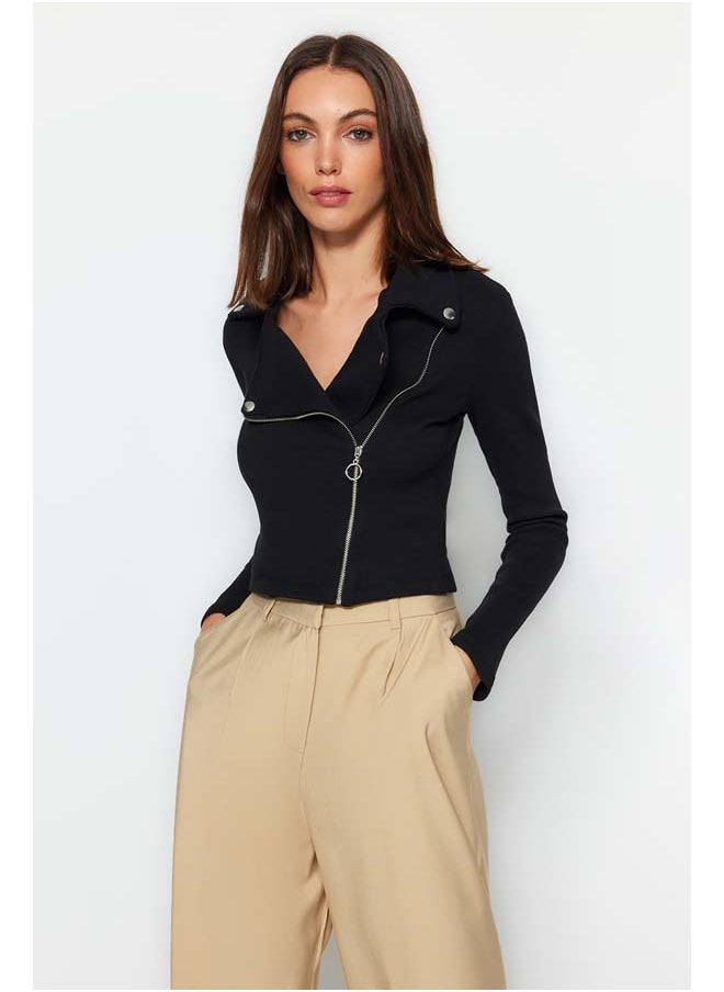 trendyol - Black Ribbed Zipper Detail Fitted/Sleeping Crop Stretch Knit Jacket TWOAW24CE00046 - Image 1