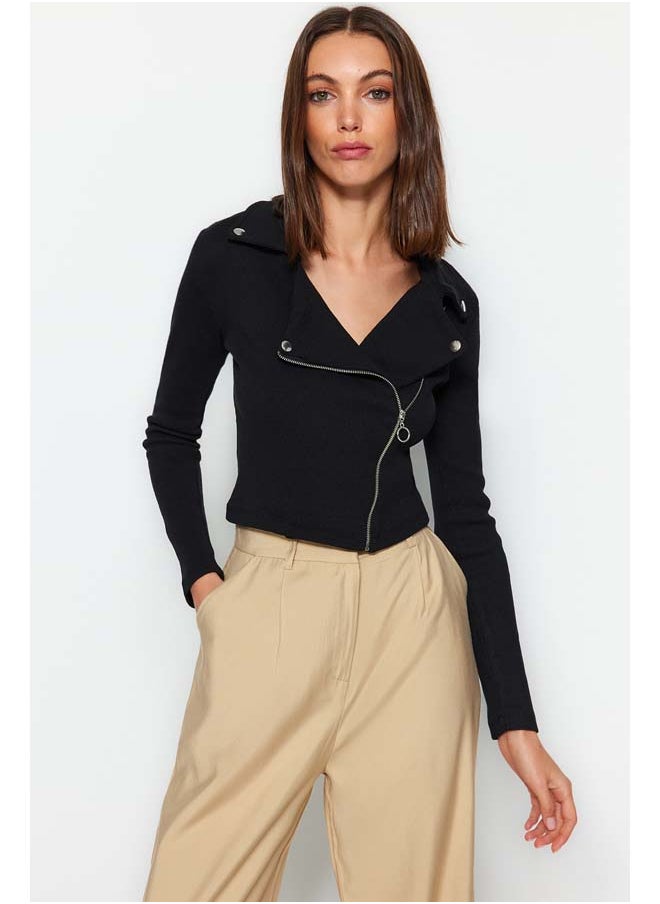 trendyol - Black Ribbed Zipper Detail Fitted/Sleeping Crop Stretch Knit Jacket TWOAW24CE00046 - Image 1