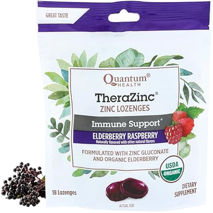 Quantum Health TheraZinc Organic Zinc Lozenges Elderberry Sambucus Raspberry & Honey Immune Support for Adults & Kids 12+ Naturally Flavored Fast Relief with No Aftertaste -18 Count (Package may vary) - Image 1