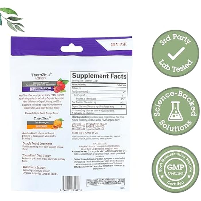 Quantum Health TheraZinc Organic Zinc Lozenges Elderberry Sambucus Raspberry & Honey Immune Support for Adults & Kids 12+ Naturally Flavored Fast Relief with No Aftertaste -18 Count (Package may vary) - Image 2