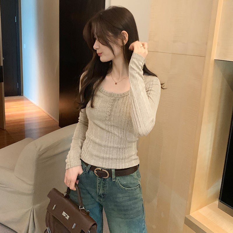 Cheap Foreign Trade Buckle Slim Long-sleeved T-shirt Women's 2025 Autumn and Winter New Slim-fit Small Short All-match Base - Image 3