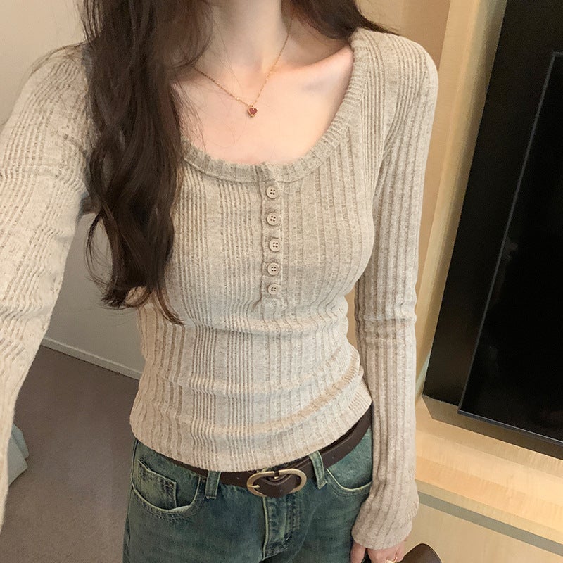Cheap Foreign Trade Buckle Slim Long-sleeved T-shirt Women's 2025 Autumn and Winter New Slim-fit Small Short All-match Base - Image 1