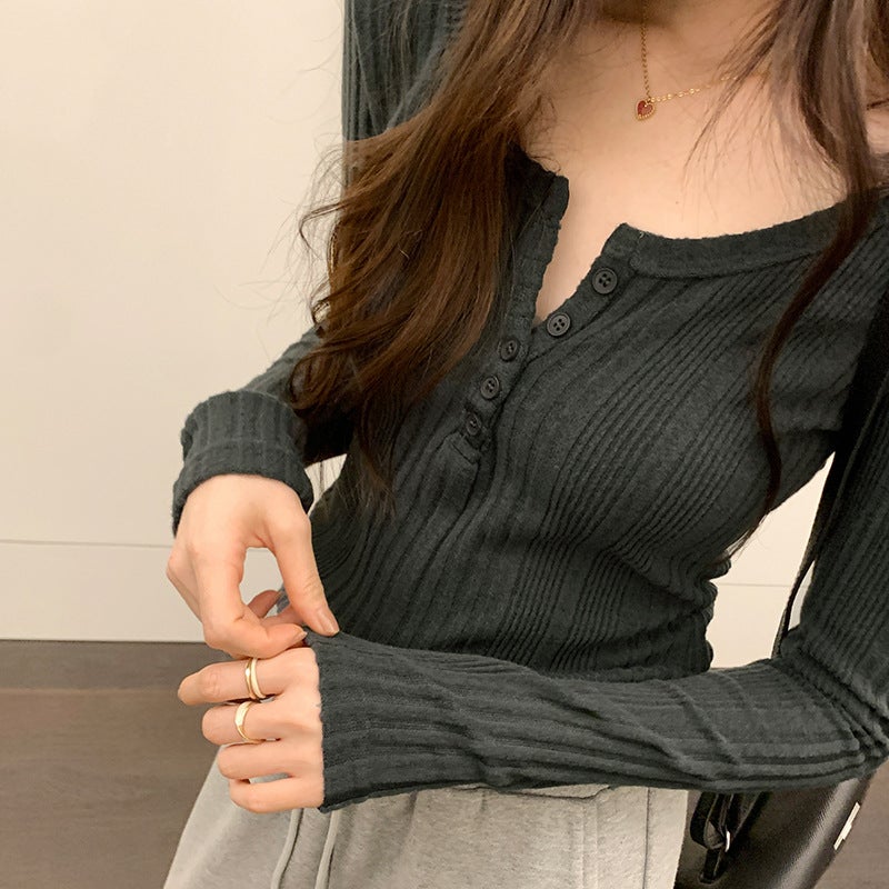 Cheap Foreign Trade Buckle Slim Long-sleeved T-shirt Women's 2025 Autumn and Winter New Slim-fit Small Short All-match Base - Image 2