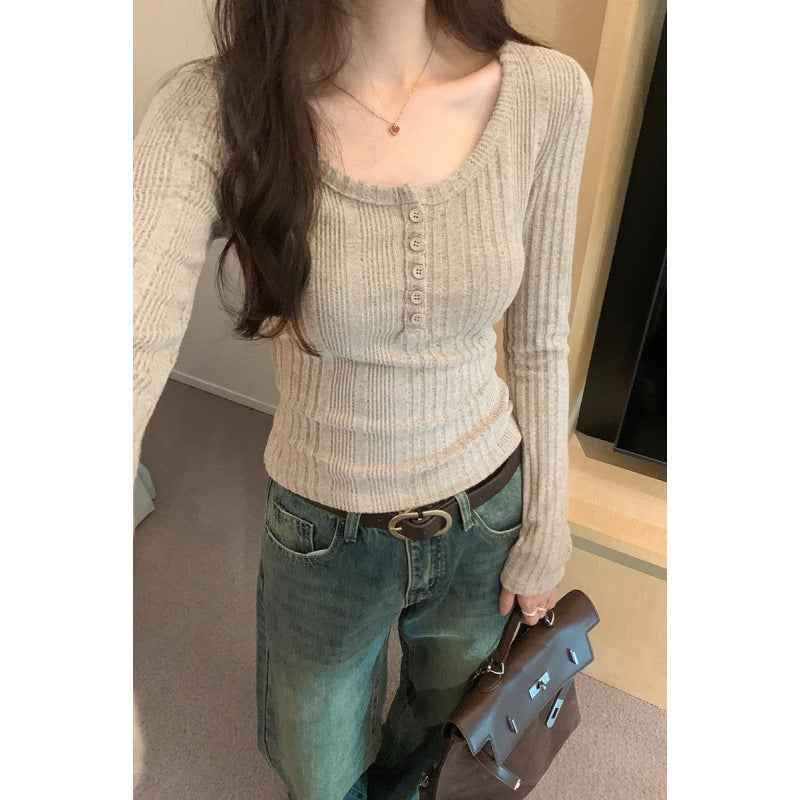 Cheap Foreign Trade Buckle Slim Long-sleeved T-shirt Women's 2025 Autumn and Winter New Slim-fit Small Short All-match Base - Image 4
