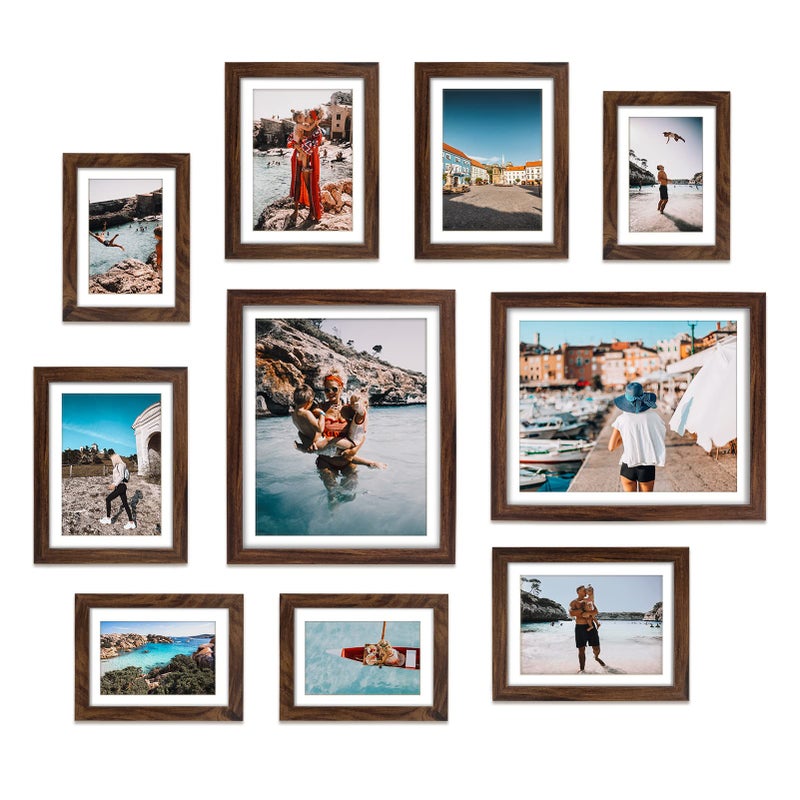 Giftgarden Brown Picture Frames with Mat for Multiple Sizes Photos Four 4x6 Four 5x7 Two 8x10 Assorted Gallery Frame Collage for Wall or Tabletop Set of 10