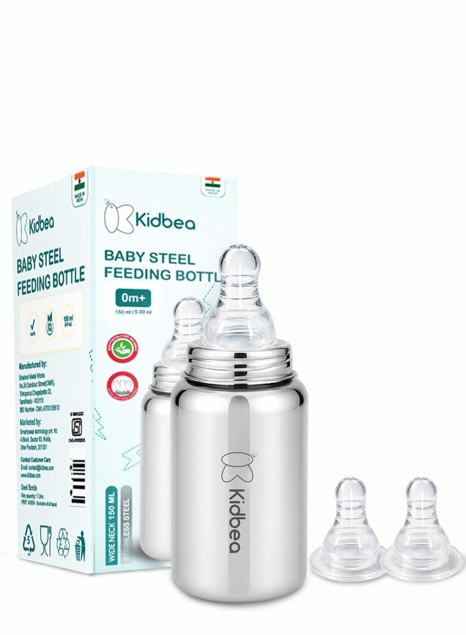 Kidbea Steel Feeding Bottle 150ml for Newborns with Extra 2 Silicon Nipples | BPA Free, Food Grade, Leakproof | Safe & Durable Baby Milk Feeder - Image 1