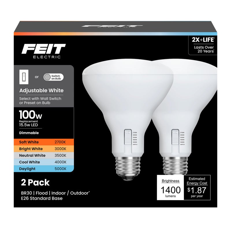 Feit Electric BR30 LED Light Bulb 100W Equivalent Dimmable 1400 Lumens 5Color Adjustable White 90 CRI General Purpose Flood Track Lighting 25000Hour Lifetime BR30100DM6WYCA2 2 Pack - Image 2