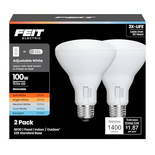 Feit Electric BR30 LED Light Bulb 100W Equivalent Dimmable 1400 Lumens 5Color Adjustable White 90 CRI General Purpose Flood Track Lighting 25000Hour Lifetime BR30100DM6WYCA2 2 Pack - Image 1