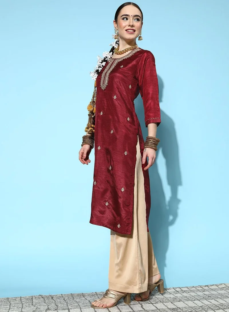 ISHIN Women's Maroon 100% Cotton Embroidered Tunic Regular Fit Kurta