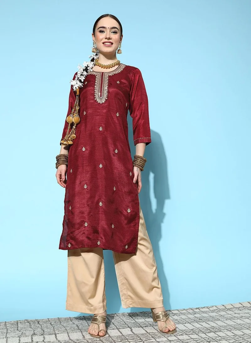 ISHIN Women's Maroon 100% Cotton Embroidered Tunic Regular Fit Kurta