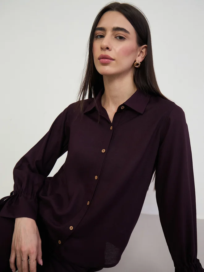 Styli Purple Linen Blend Shirt with Drawstring Cuffs