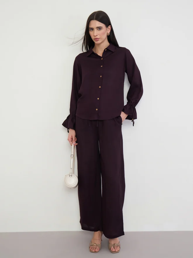 Styli Purple Linen Blend Shirt with Drawstring Cuffs