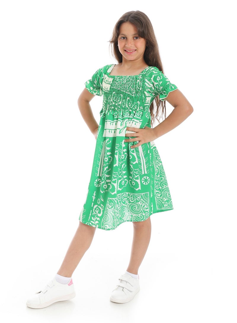 Andora Puff Sleeves Slip On Girls Dress _ Green & White - Image 2