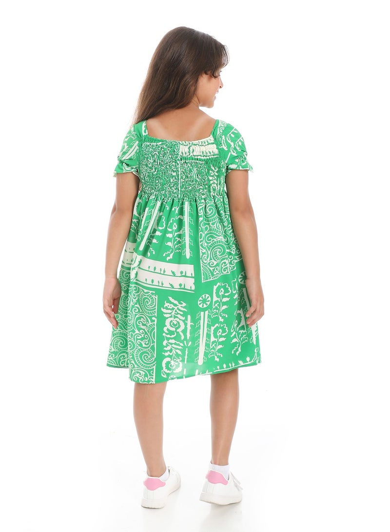 Andora Puff Sleeves Slip On Girls Dress _ Green & White - Image 4
