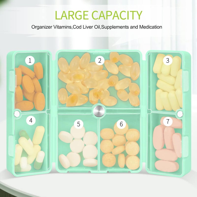 FYY 7 Day Pill Box Organiser - Travel Pill Case, [Folding Design][Large Capacity] Portable Pill Dispenser Container for Vitamins, Cod Liver Oil, Supplements, Medication Mint Green - Image 2