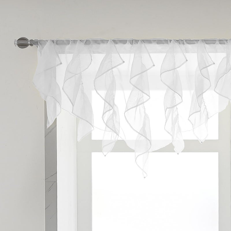 PearAge Ruffled Voile Semi Sheer Curtain Valance, Kitchen Living Room Shabby Chic Ruffle Valance Curtains, Girls Daughters Bedroom Cascade Window Valance 52x26 Inches (White-Triangle) - Image 1
