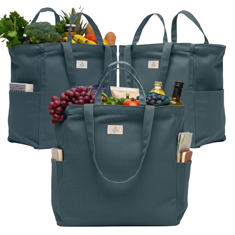 Nook Theory 3-Pack Reusable Grocery Bags - Heavy Duty, Large 12 Oz Cotton Canvas Reusable Shopping Bags With Pockets, 100% Cotton Cloth Grocery Totes, Foldable Multi Compartment (Ocean) - Image 1