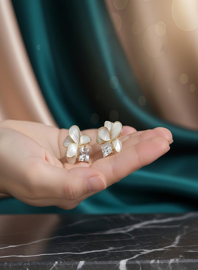Nextcart Gold Plated Stainless Steel Stud Earrings for Women & Girls Stylish - Anti Tarnish, Hypoallergenic Lightweight Floral Flower Stone Design - Trendy Korean & Western Modern Statement Fashion Jewelry Gift Set (Pair) - Image 3