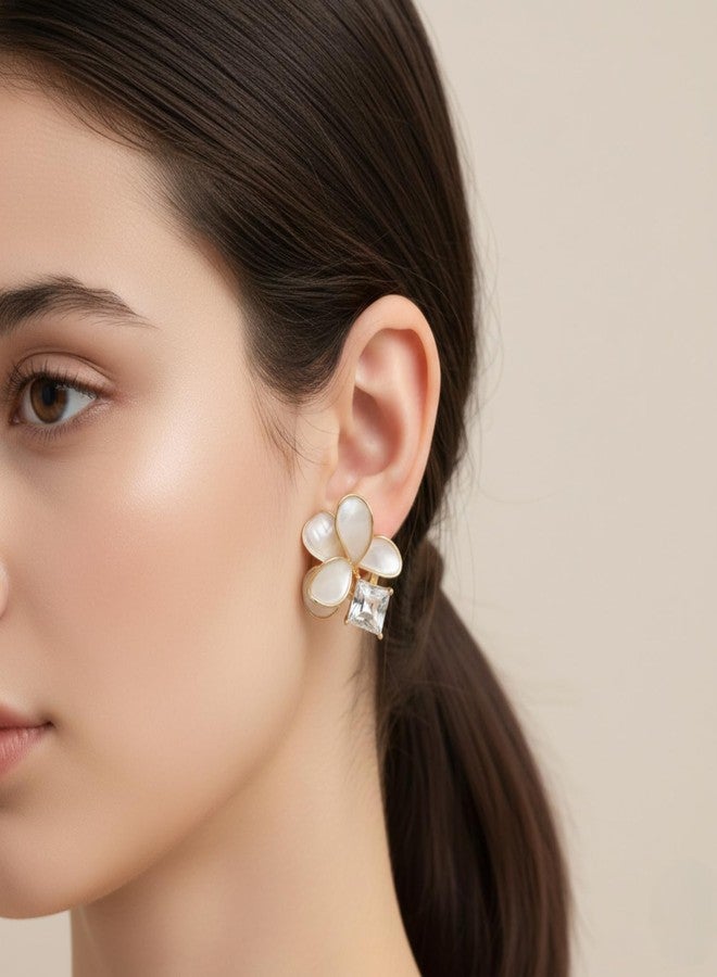 Nextcart Gold Plated Stainless Steel Stud Earrings for Women & Girls Stylish - Anti Tarnish, Hypoallergenic Lightweight Floral Flower Stone Design - Trendy Korean & Western Modern Statement Fashion Jewelry Gift Set (Pair) - Image 4