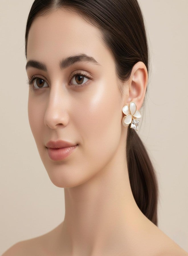 Nextcart Gold Plated Stainless Steel Stud Earrings for Women & Girls Stylish - Anti Tarnish, Hypoallergenic Lightweight Floral Flower Stone Design - Trendy Korean & Western Modern Statement Fashion Jewelry Gift Set (Pair) - Image 5