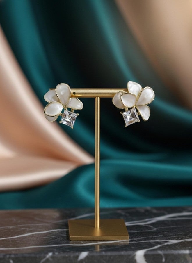 Nextcart Gold Plated Stainless Steel Stud Earrings for Women & Girls Stylish - Anti Tarnish, Hypoallergenic Lightweight Floral Flower Stone Design - Trendy Korean & Western Modern Statement Fashion Jewelry Gift Set (Pair) - Image 2