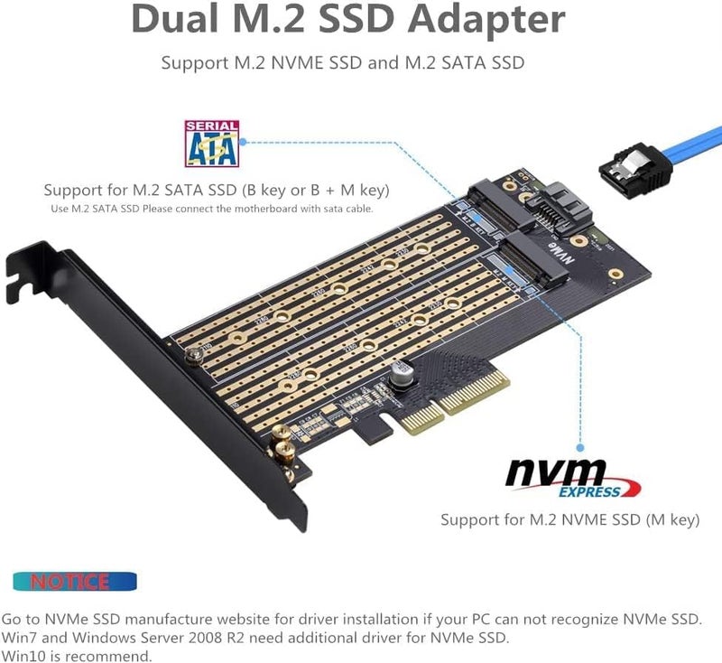 ETZIN محول M.2 مزدوج PCIe لـ SATA أو SSD NVMe مع حل متقدم لتبديد الحرارة، M.2 SSD NVME و SATA22110 2280 2260 2242 2230 إلى PCI-e 3.0 x 4 بطاقة توسيع وحدة تحكم مضيف - Image 2