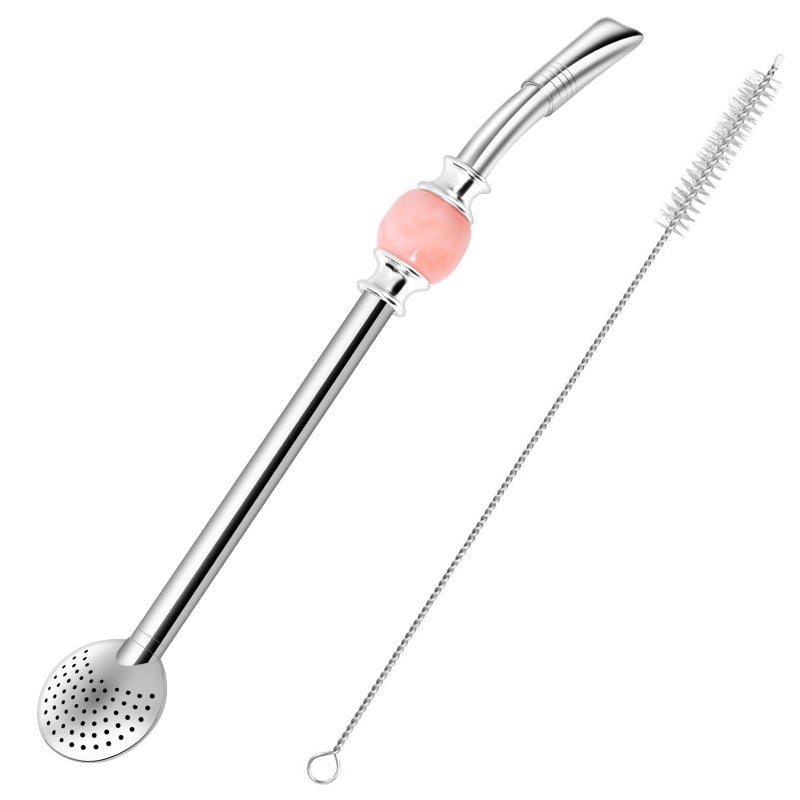Reusable Bombilla Yerba Mate Straw  Stainless Steel Removable Spoon Style Filter with a Beautiful Bead  Metal Straw for Drinking Loose Leaf Tea  Includes Cleaning BrushPinks