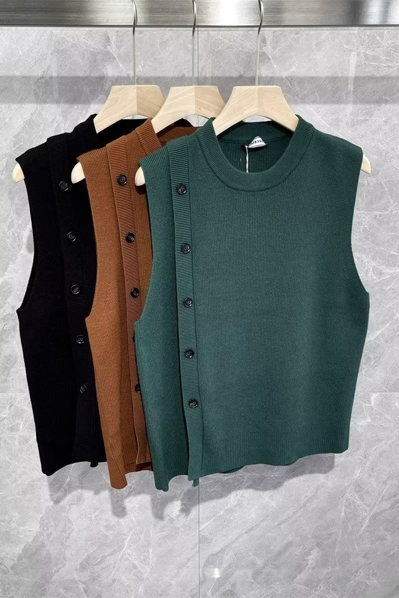 2023 Autumn and Winter Distinctive Button Decorative Sweater Vest Mens Simple Solid Color Sleeveless Round Neck Pullover Sweater Vest Coffee - Image 1
