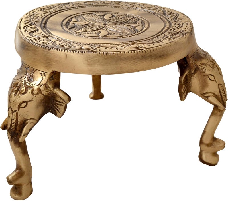 Two Moustaches Elephant Pillars Design Brass Pooja Chowki Chowki for God Idols Chowki for Puja 55X55X4 LXWXH Inches Brown Pack of 1 - Image 1