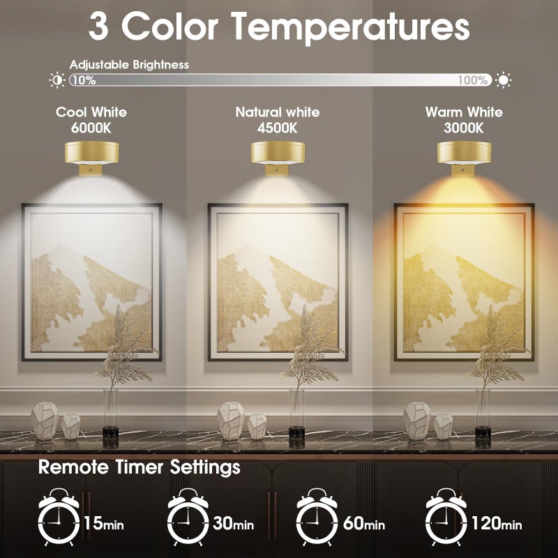 SIXDEFLY Picture Lights for Wall, 3 Lighting Modes Magnetic Art Display Light,Battery Operated Led Painting Light with Remote Control Dimmable & Timer,3Pack Gold - Image 3