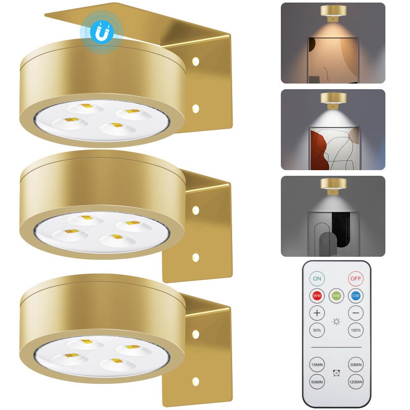 SIXDEFLY Picture Lights for Wall, 3 Lighting Modes Magnetic Art Display Light,Battery Operated Led Painting Light with Remote Control Dimmable & Timer,3Pack Gold - Image 1