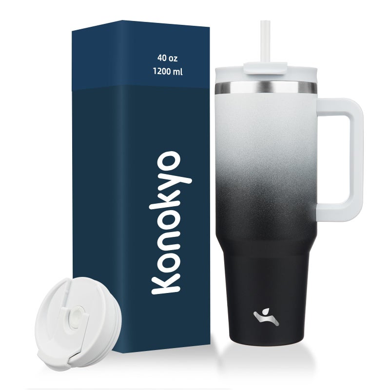 Konokyo 40 oz Tumbler with Handle and 2 Straws,2 in 1 Lid Insulated Water Bottle Stainless Steel Travel Coffee Mug,Day Night - Image 1