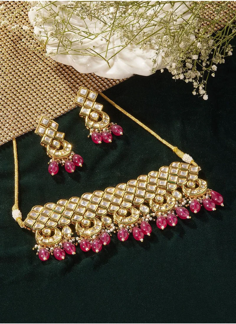 Priyaasi Kundan Stone Studded  Beaded Mini Chand Design Choker Jewellery Set